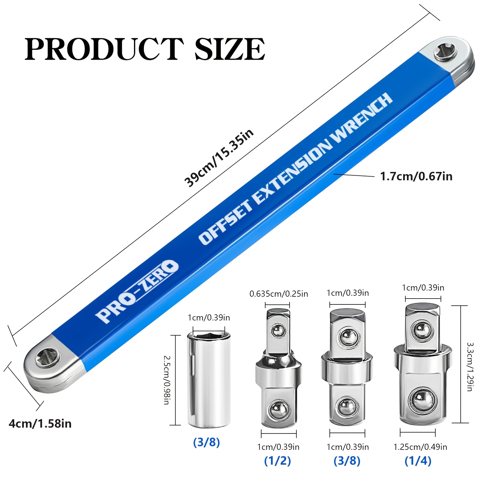 KPX offset extension wrench dimensions and included drive adapters