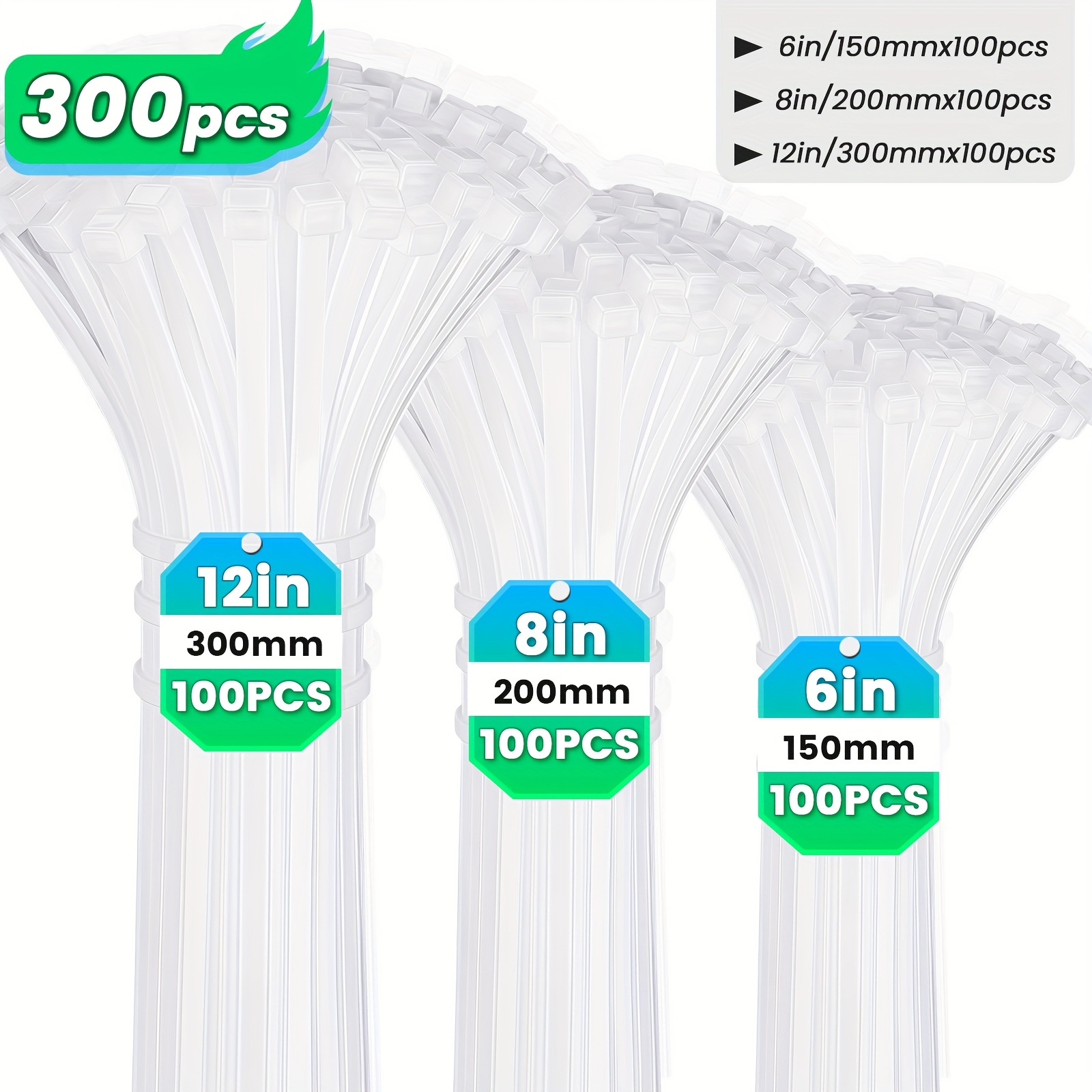 300pcs Black Nylon Cable Ties, Multiple Sizes (6"+8"+12"), Multi-Functional Self-Locking Nylon Cable Management Ties for Home, Office, Garden Fence And Cable Management, Indoor And Outdoor Use