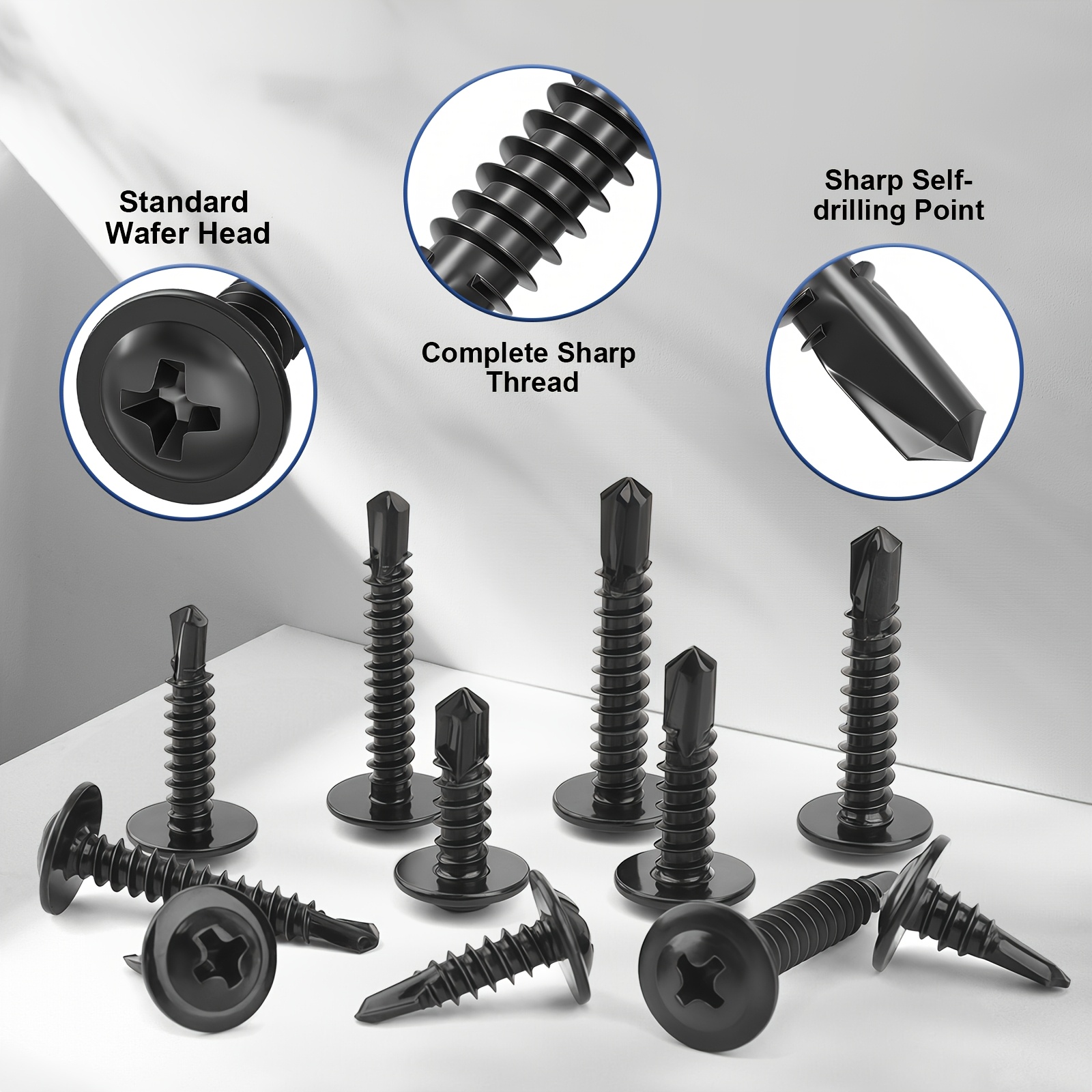 Black self-drilling screw head, thread and drill-point details