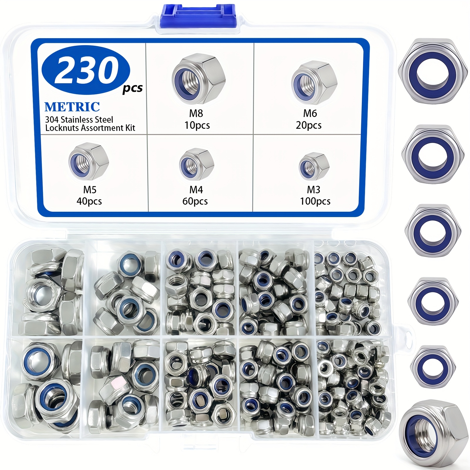 230pcs Stainless Steel Nylon Lock Nut Set, Metric Sizes M3-M8, Nylon Recessed Anti-loosening Design With Storage Box, Durable Material For Construction, Maintenance And Installation