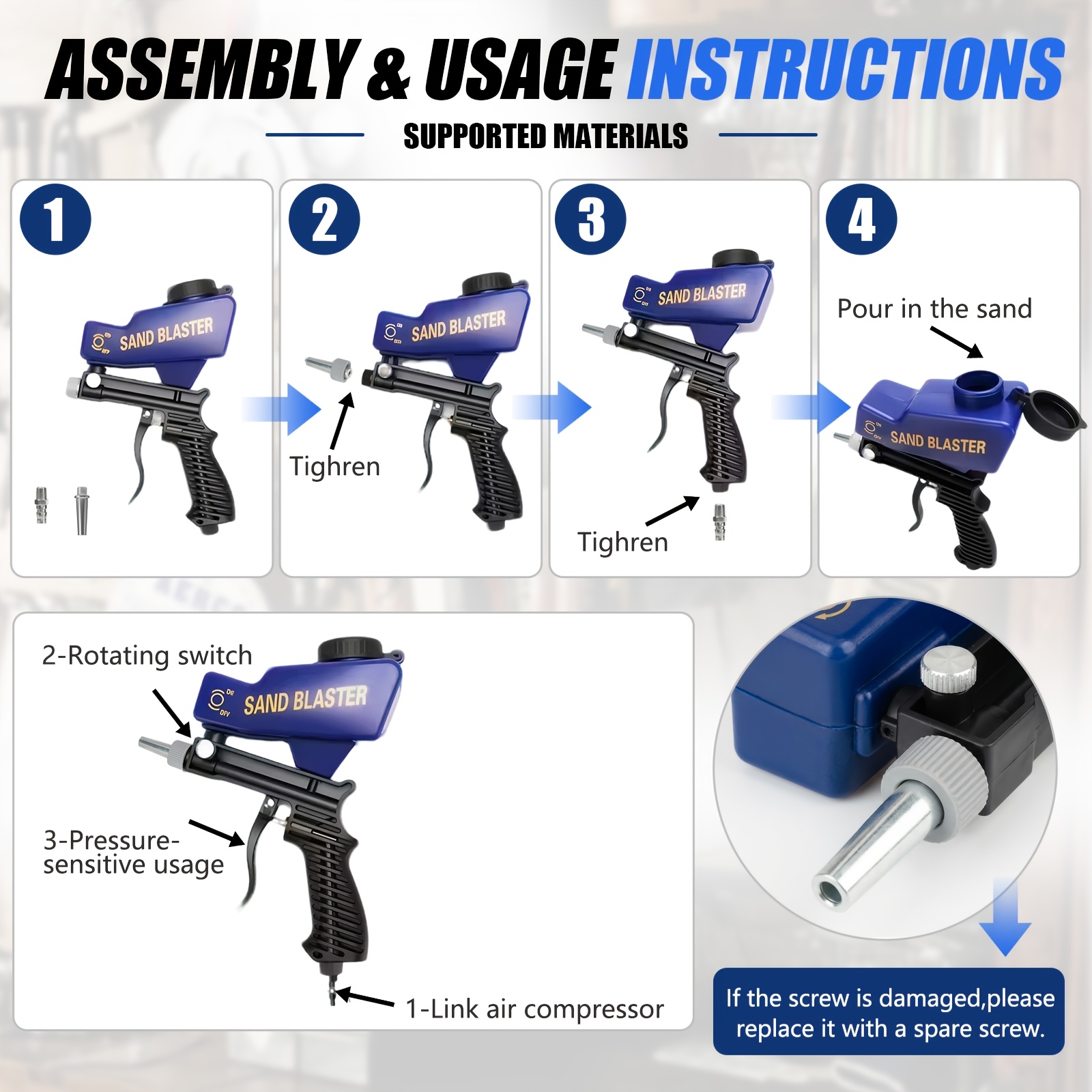 KPX sandblaster gun assembly and usage instructions