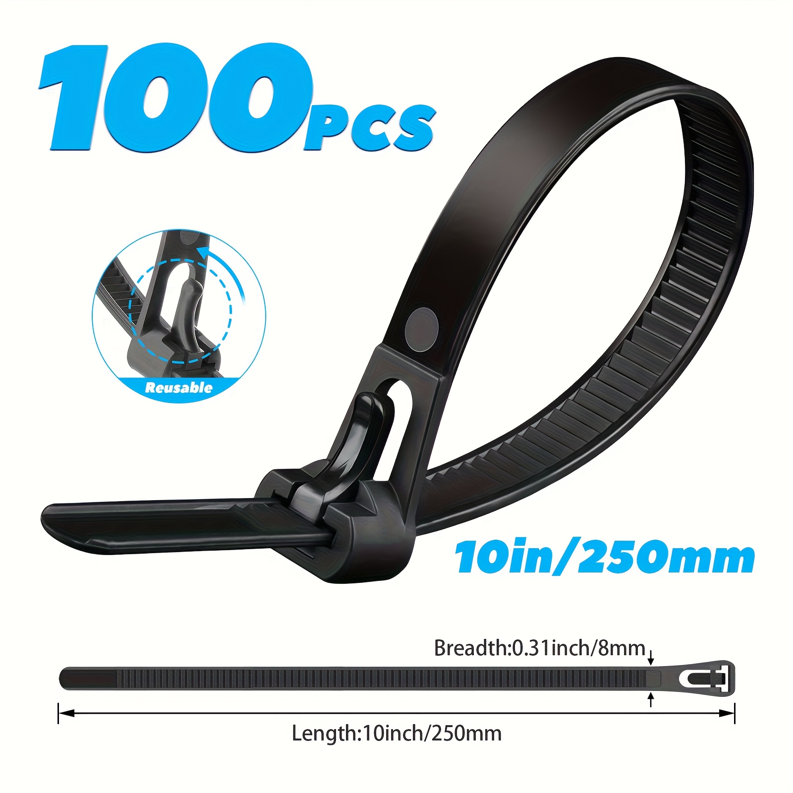 100pcs Of 8mm Wide Heavy-duty Reusable Black Nylon Cable Ties, Available In Multiple Sizes (12", 10", 8", 6"), Durable And Versatile Cable Ties Suitable For Home, Office, Garden, Workshop, Industrial, And Outdoor Use