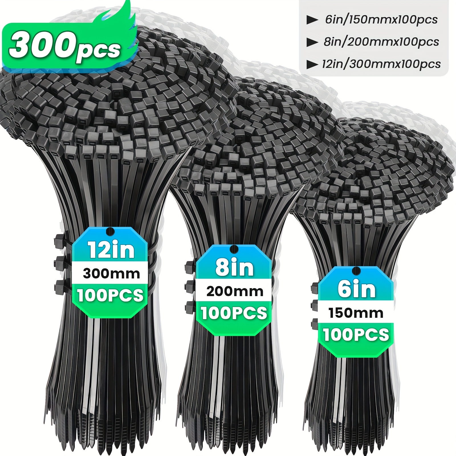 300pcs Black Nylon Cable Ties, Multiple Sizes (6"+8"+12"), Multi-Functional Self-Locking Nylon Cable Management Ties for Home, Office, Garden Fence And Cable Management, Indoor And Outdoor Use