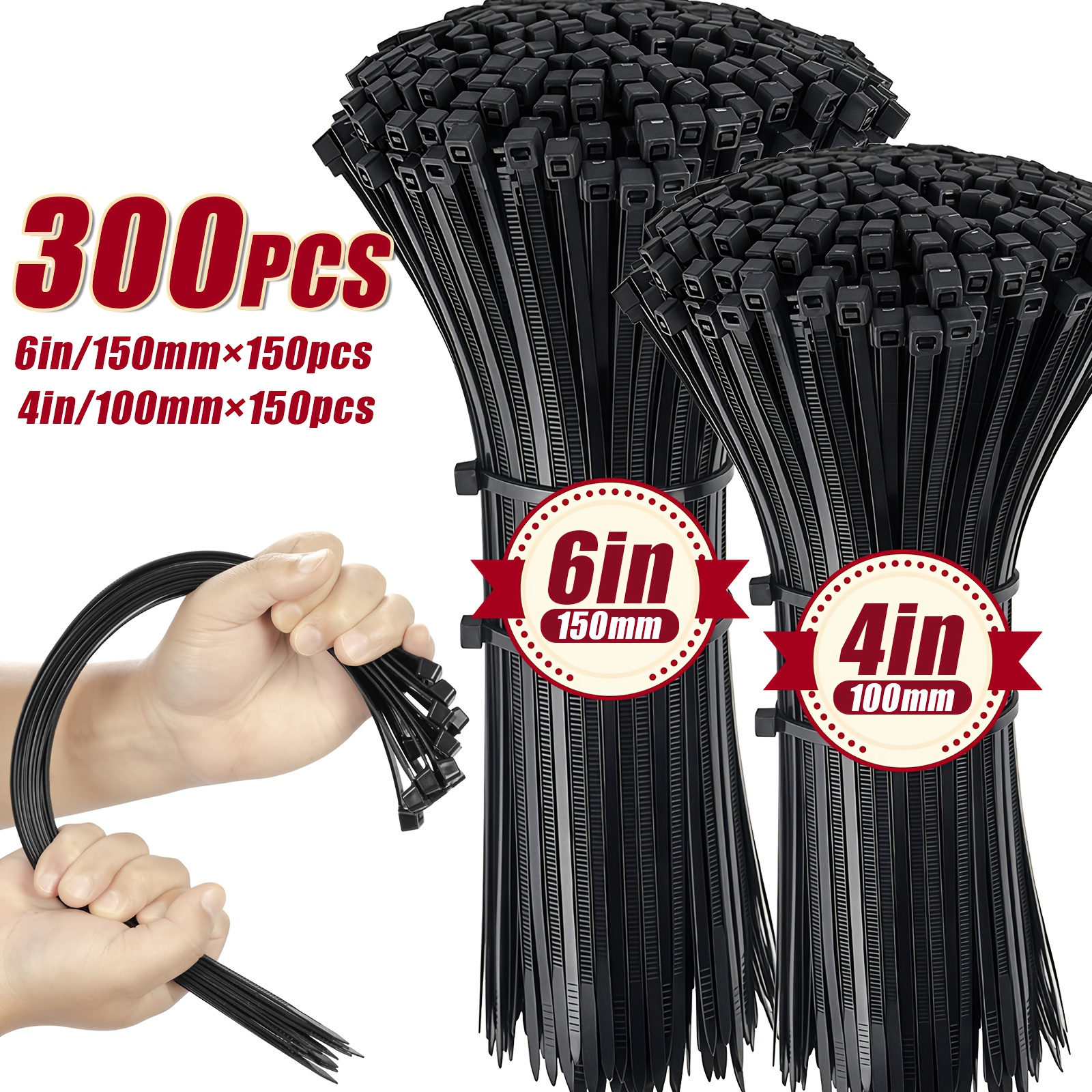 300 High-strength Nylon Cable Ties, Multiple Commonly Used Sizes 6+4 Inches, Durable Material with High Tensile Strength, Multi-functional Self-locking Nylon Cable Ties, Suitable for Home, Office, Indoor And Outdoor Use