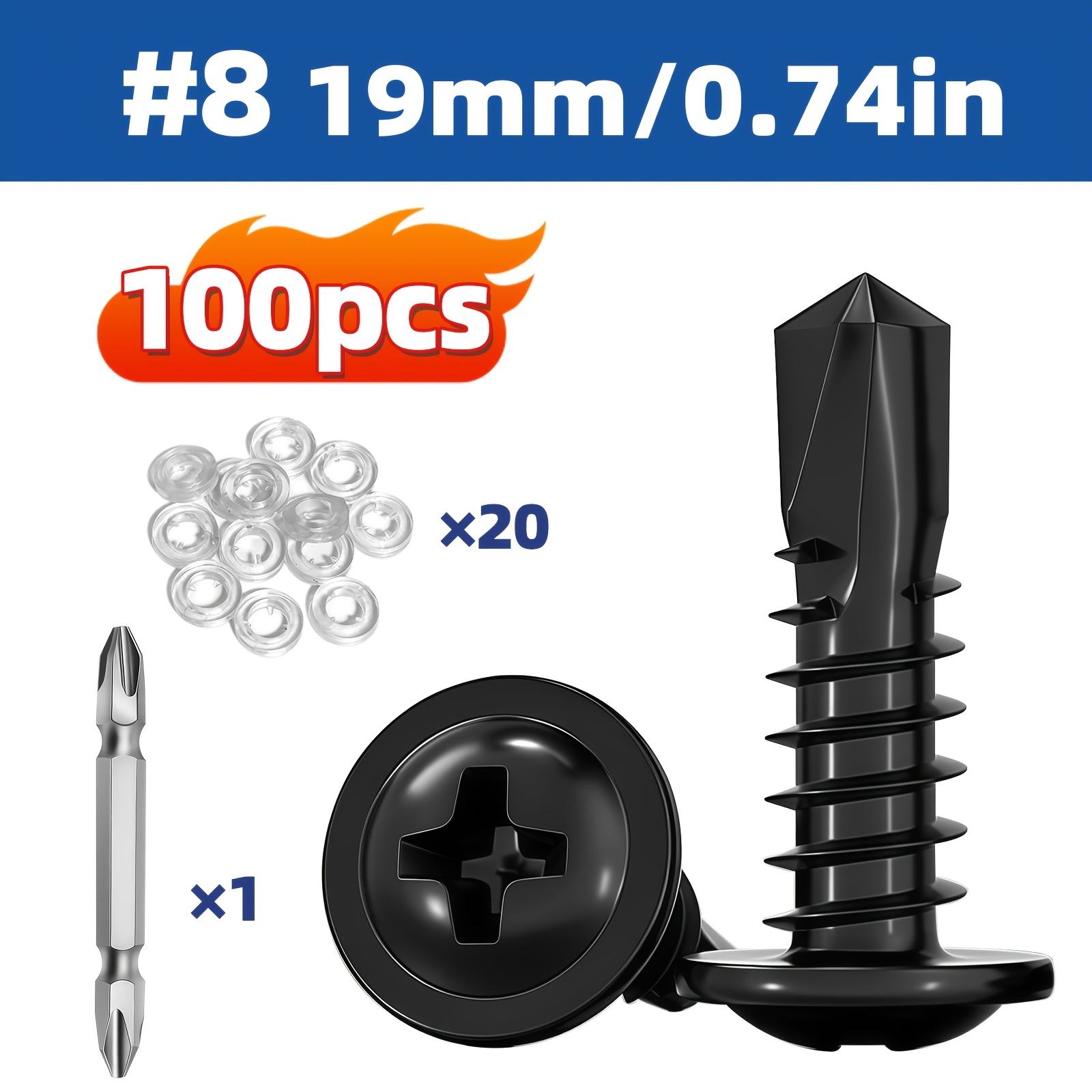 100 black number 8 self-drilling screws, 19 mm, with 20 washers and one driver bit