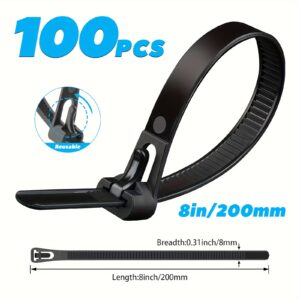Black Cable Ties, 8 Inch, 100 Pieces