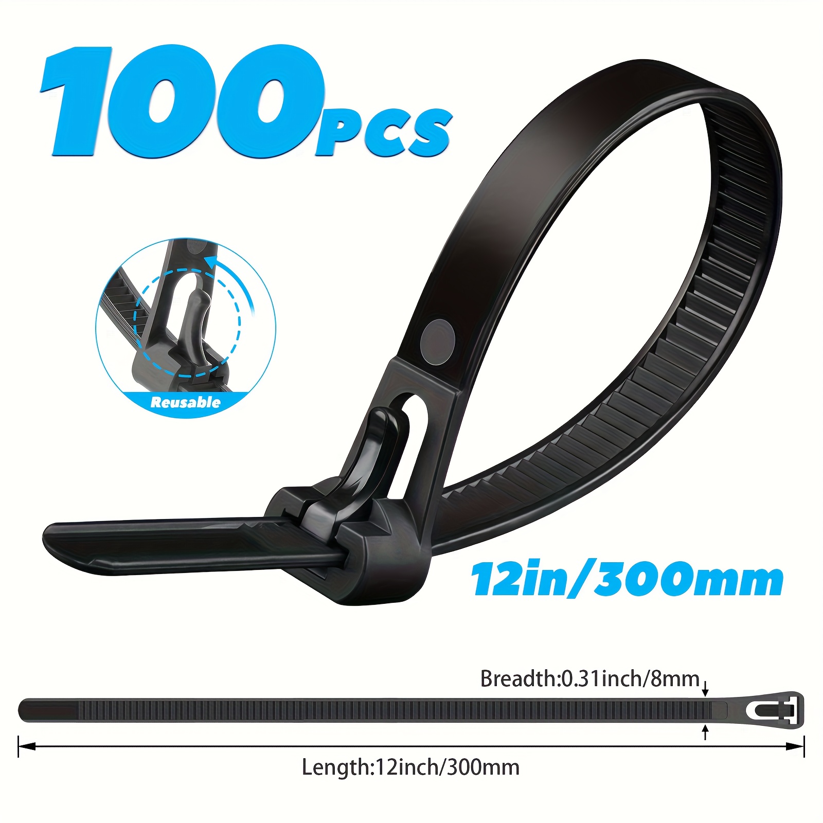 100pcs Of 8mm Wide Heavy-duty Reusable Black Nylon Cable Ties, Available In Multiple Sizes (12", 10", 8", 6"), Durable And Versatile Cable Ties Suitable for Home, Office, Garden, Workshop, Industrial, And Outdoor Use, Cable Ties Holder, Long Zip Ties, Small Zip Ties, Office Supplies, Workshop Tools, Heavyduty Design, Secure Fastening, Highquality Ties, Weatherresistant Material, Fastening Straps, Bundling Straps, DIY Enthusiasts, Home Organizers
