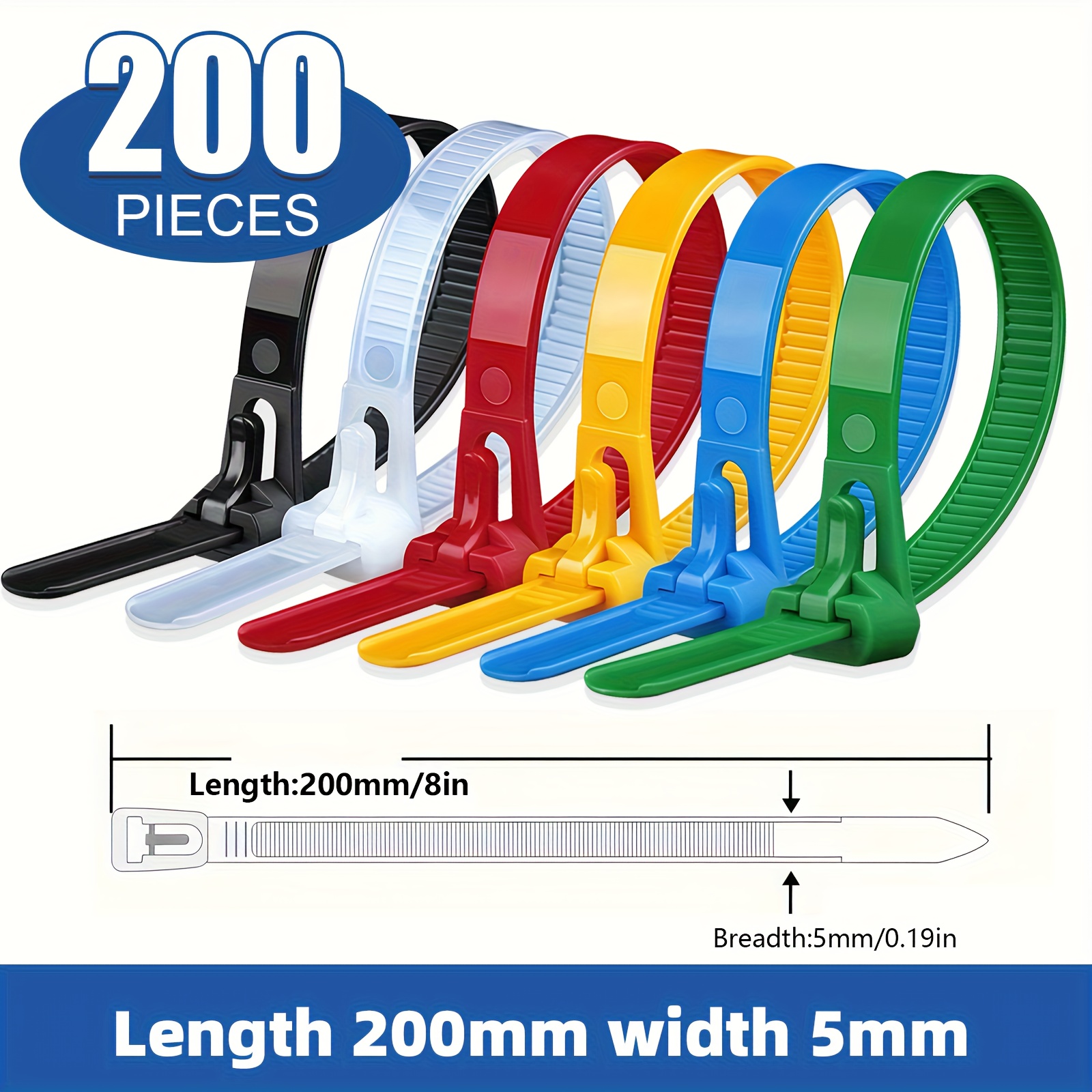 200 Heavy-duty Reusable Mixed-color Nylon Cable Ties, Available In Three Sizes: 6", 8", And 12". Durable And Sturdy with High Tensile Strength, These Versatile Cable Ties Are Suitable for Use In Homes, Offices, Gardens, And Industrial Settings
