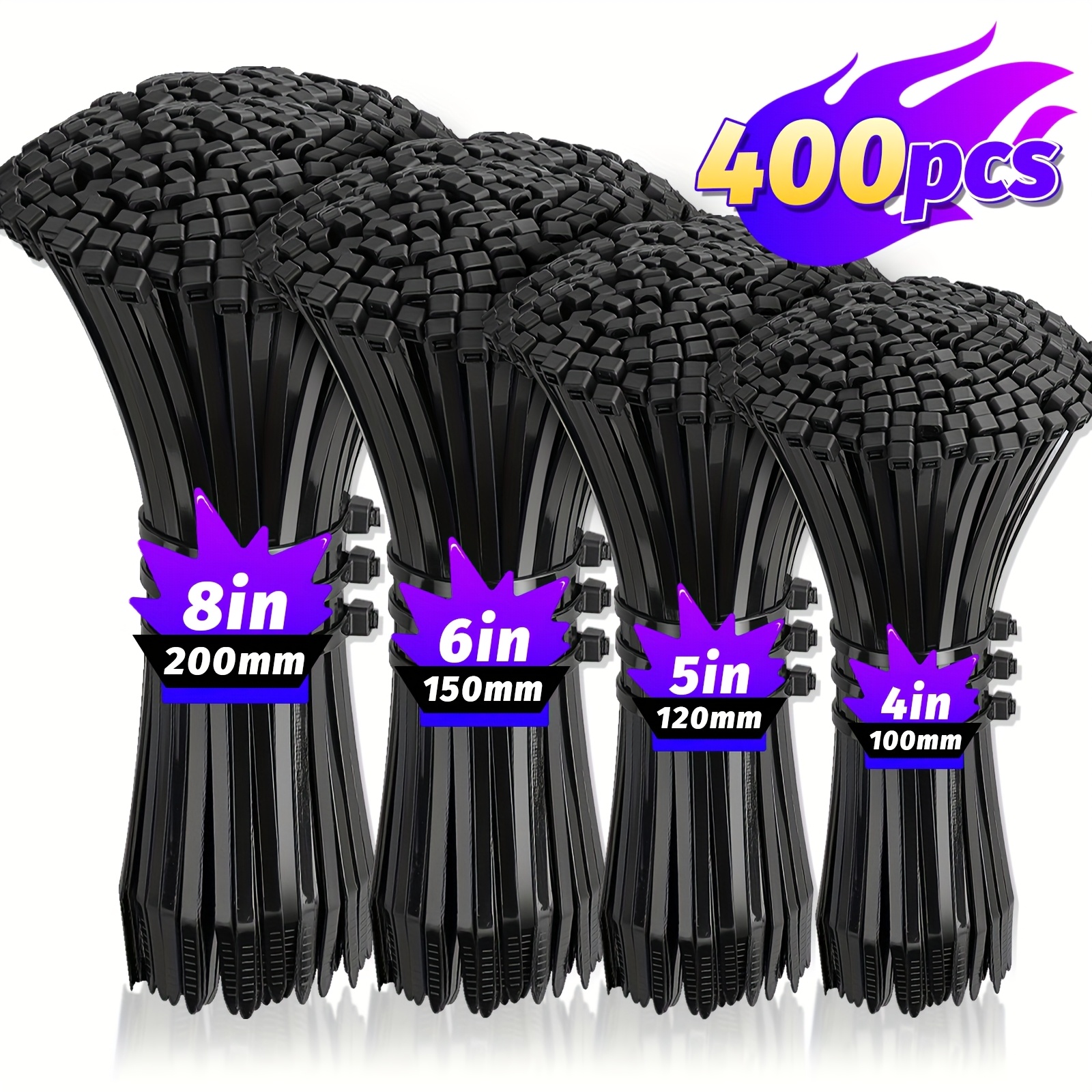 400pcs High Strength Nylon Cable Ties, Multiple Sizes (4"+5"+6"+8"), Multi-functional Self-locking Nylon Cable Ties for Home, Office, Garden Fence And Cable Management, Indoor And Outdoor Use