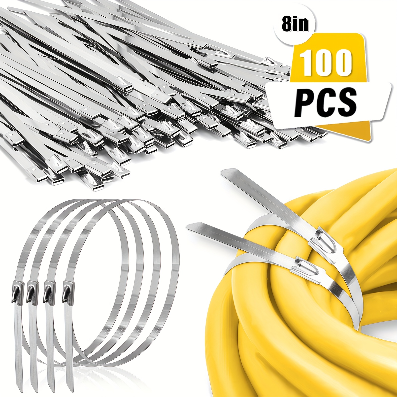 100pcs Of 304 Stainless Steel Cable Ties - Marine Grade, Strong Tensile Strength, Heavy-duty Thickened Multi-purpose Self-locking Cable Ties, Suitable For Indoor And Outdoor Use, Ideal For Industrial, Household, And Marine Applications