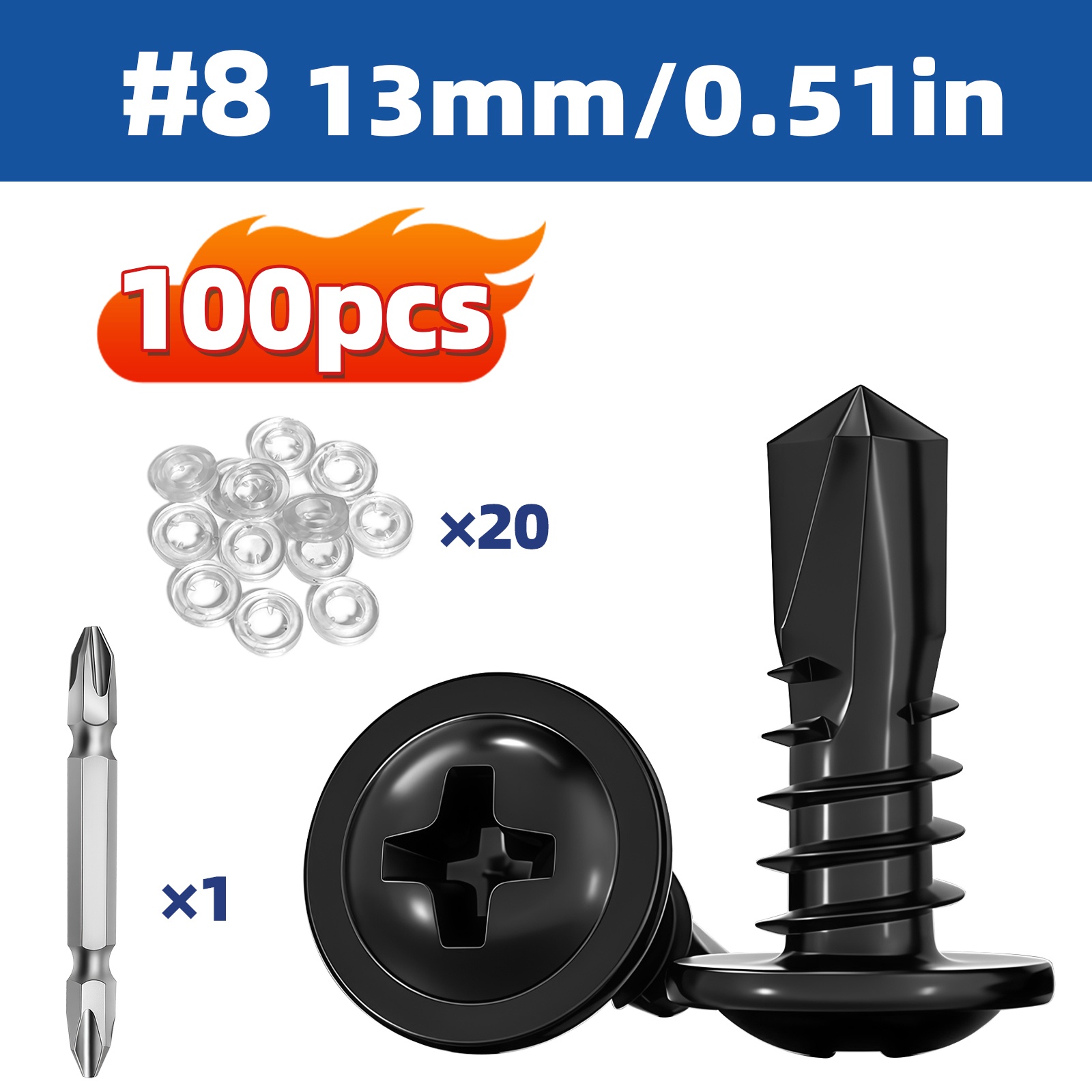 100 black number 8 self-drilling screws, 13 mm, with 20 washers and one driver bit