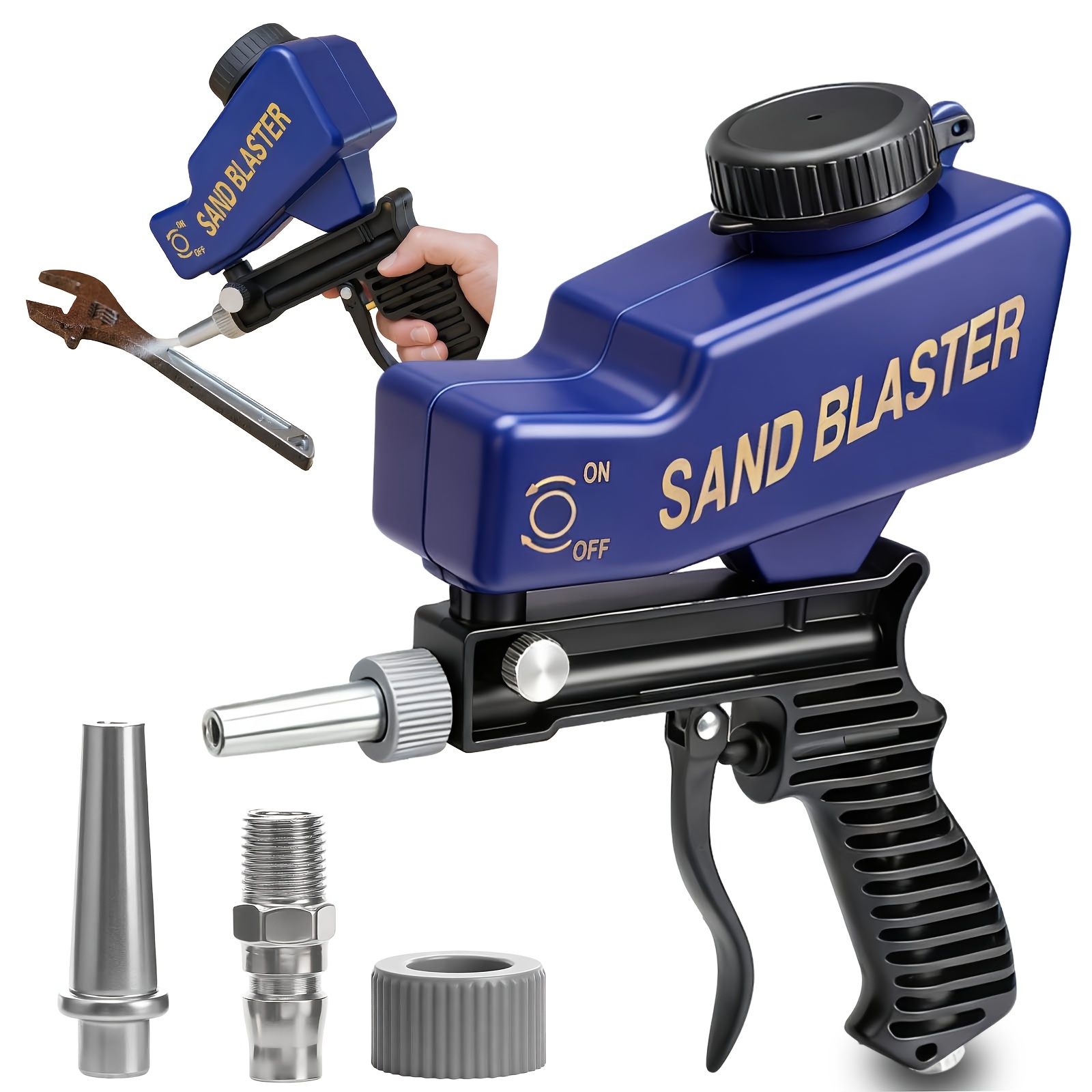 Blue KPX handheld sandblaster gun kit with three included fittings