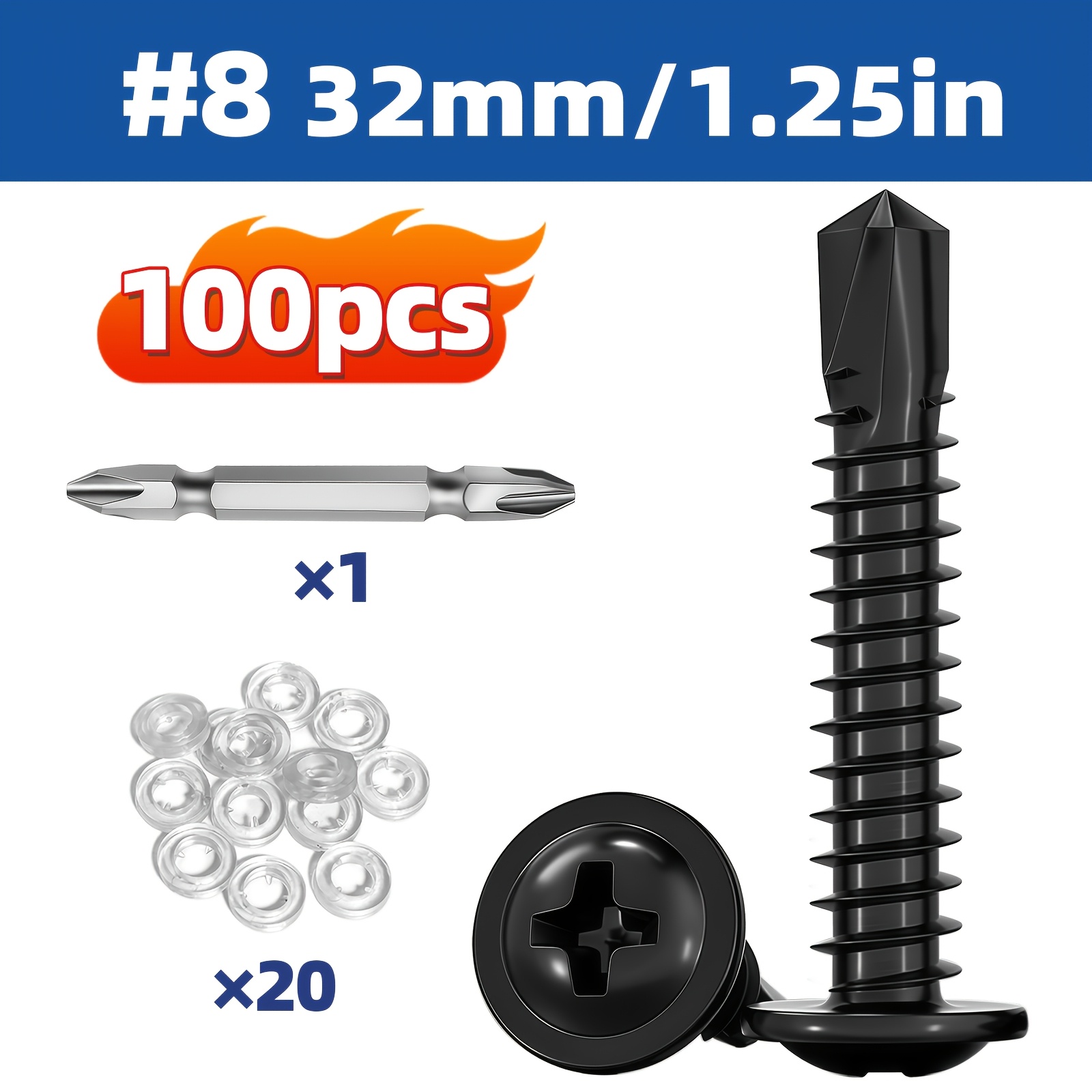 100 black number 8 self-drilling screws, 32 mm, with 20 washers and one driver bit