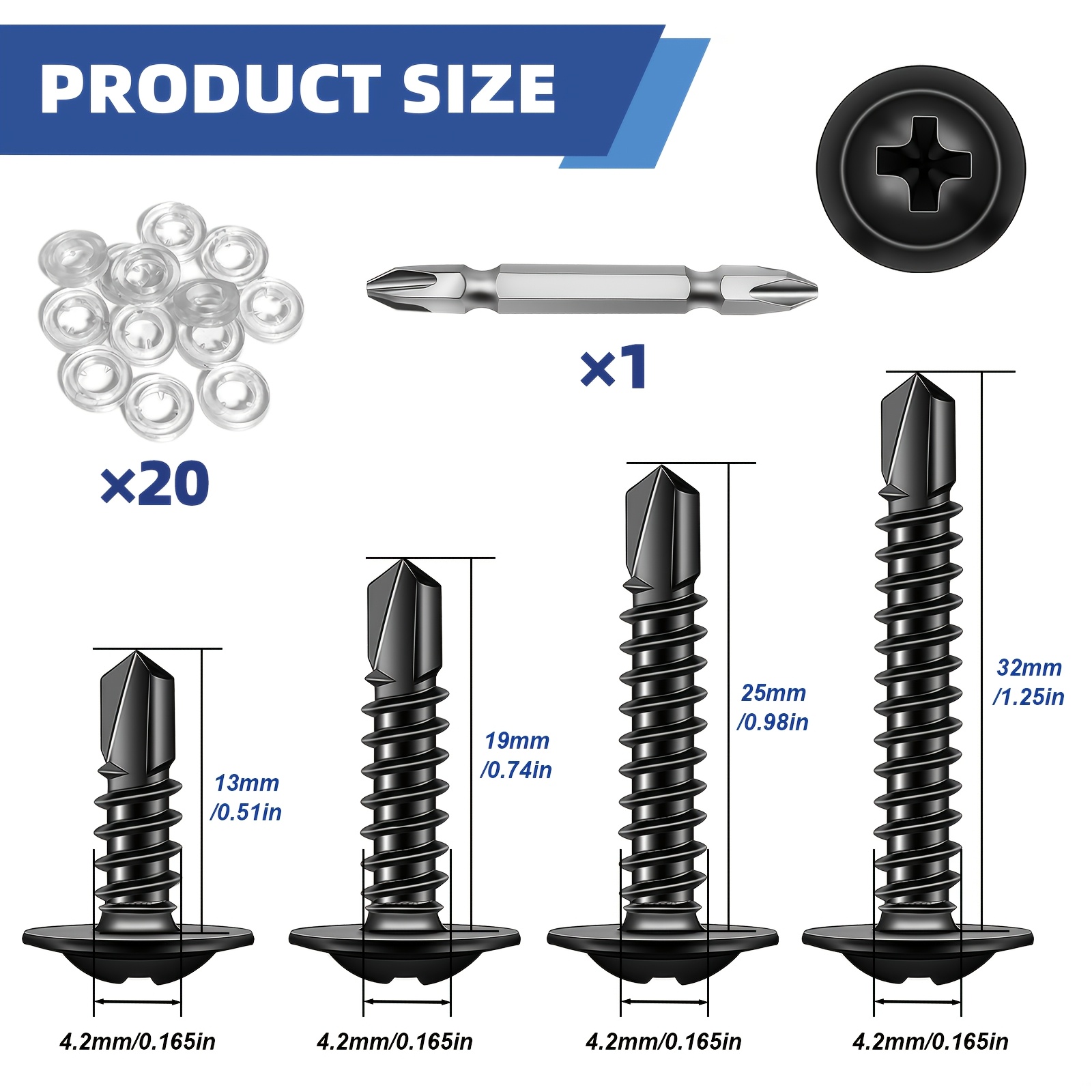 Size comparison of 4.2 mm diameter screws in 13, 19, 25 and 32 mm lengths