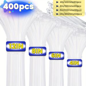 Cable Tie Assortment, 4, 6, 8 and 12 Inch, 400 Pieces