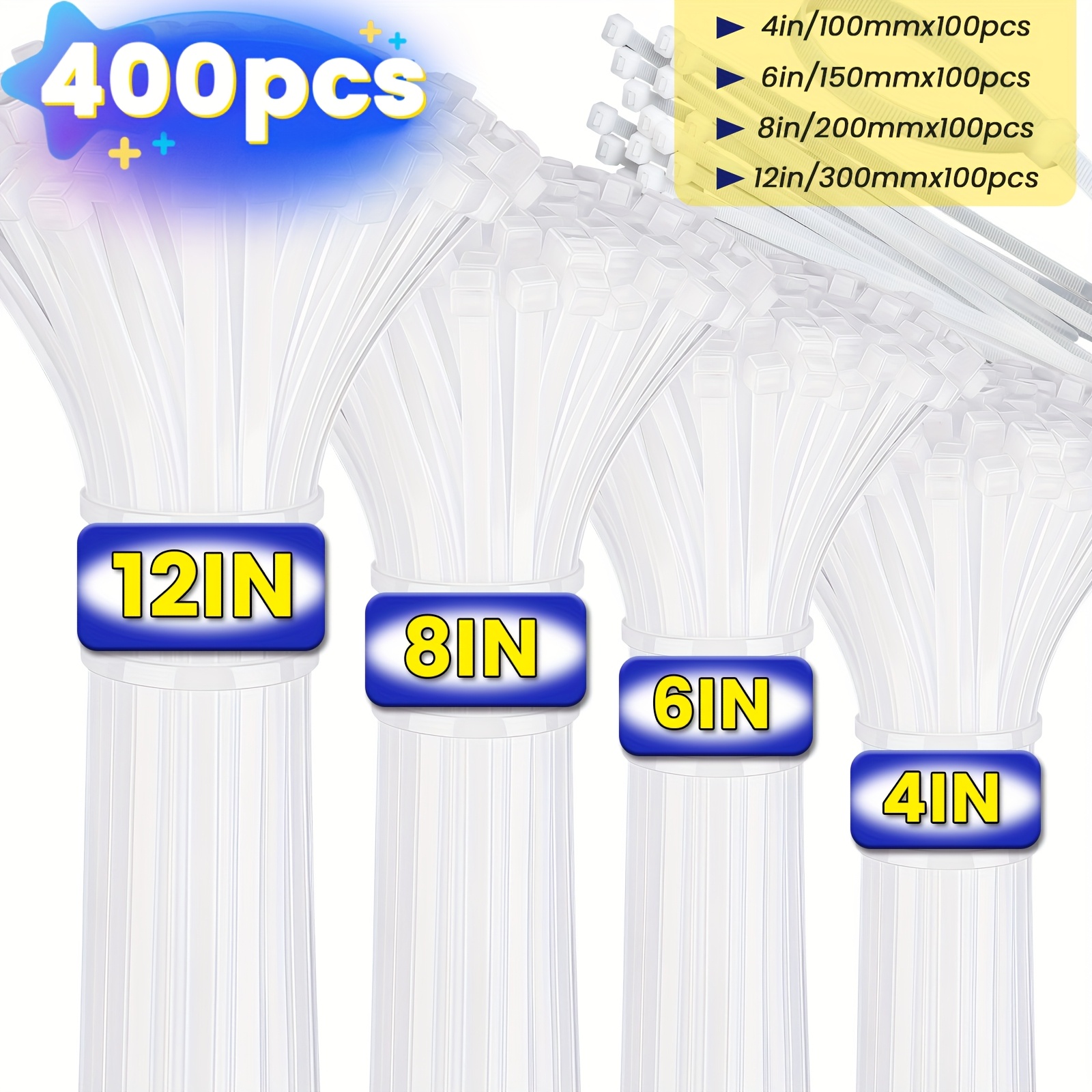 400pcs Nylon Cable Ties, Multiple Sizes (4"+6"+8"+12"), Durable Material, High Tensile Strength, Multi-functional Self-locking Nylon Cable Management Ties for Home, Office, Garden Fence, Indoor And Outdoor Use (black, White)
