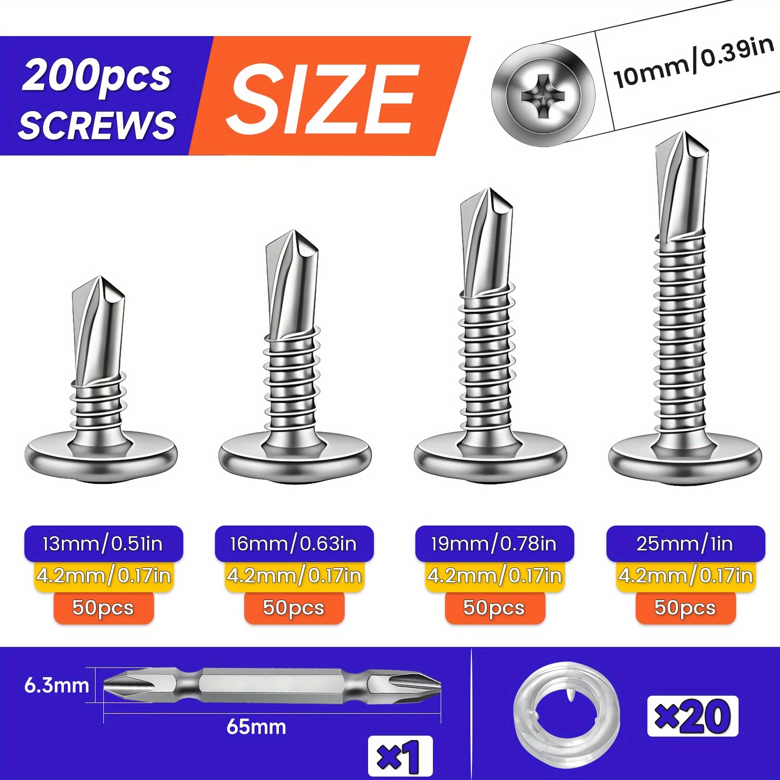 200pcs 410 Stainless Steel Large Flat Head Tapping Screws with Flutes - Heavy-Duty Phillips Drive Self-Tapping Screws Suitable for Metal, with Free Hex Nut Socket & Sealing Washers, 4 Lengths (Compatible for Automotive, Plumbing,)