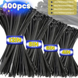 Black Cable Ties, 4, 6, 8 and 12 Inch, 400 Pieces