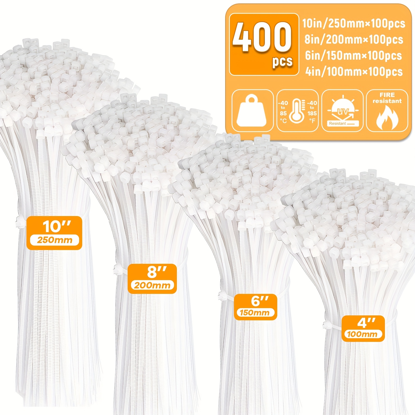 White Cable Ties, 4, 6, 8 and 10 Inch, 400 Pieces