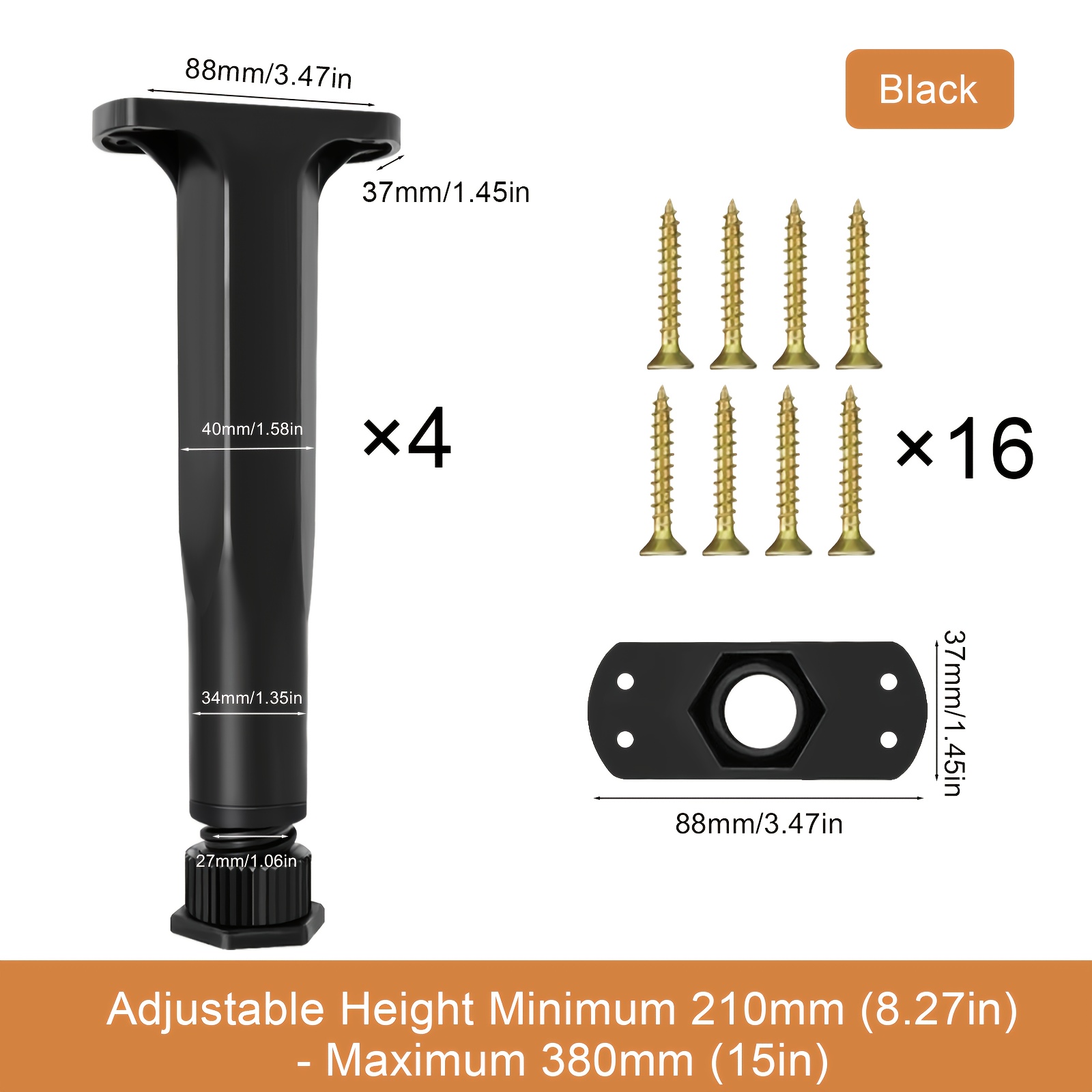 Adjustable Furniture Support Legs, 8.27–15 Inch, 4 Pieces