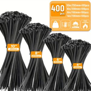 Black Cable Ties, 4, 6, 8 and 10 Inch, 400 Pieces