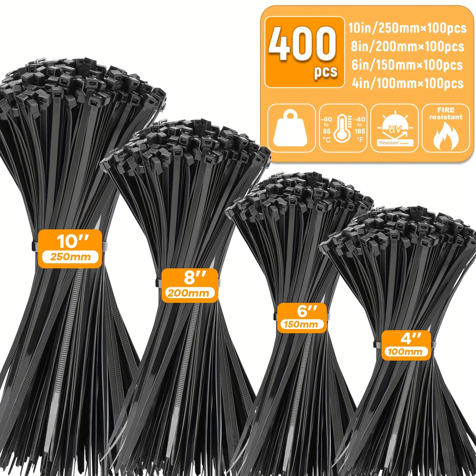 Black Cable Ties, 4, 6, 8 and 10 Inch, 400 Pieces