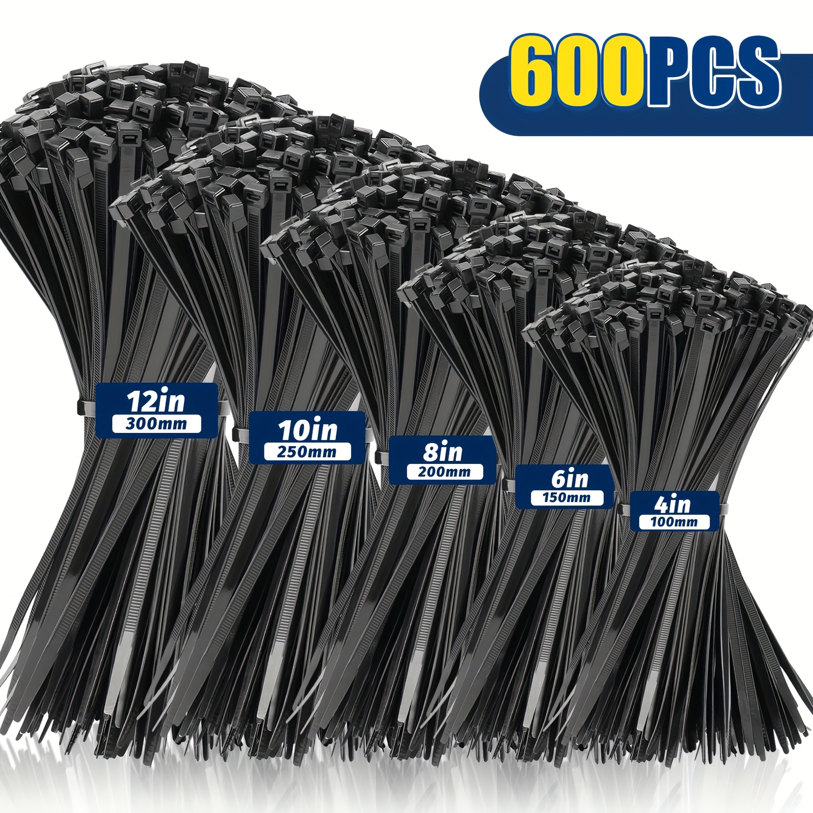 600pcs High Strength Nylon Cable Ties, Multiple Sizes (4"+6"+8"+10"+12"), High Tensile Strength, Durable Material, Multi-functional Self-locking Ties, Suitable for Home, Office, Garden Fence And Cable Line Management, Indoor And Outdoor Use