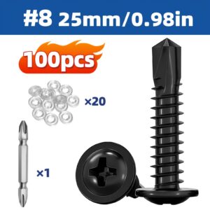 Black #8 Self-Drilling Screws, 25 mm, 100 Pieces
